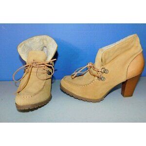 RUFF HEWN BROWN LEATHER SUEDE & FAUX FUR ANKLE BOOTS, WOMAN'S SIZE 6 M